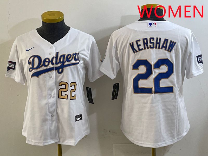 Women Los Angeles Dodgers #22 Kershaw White Gold Game 2025 Nike MLB Jersey style 2